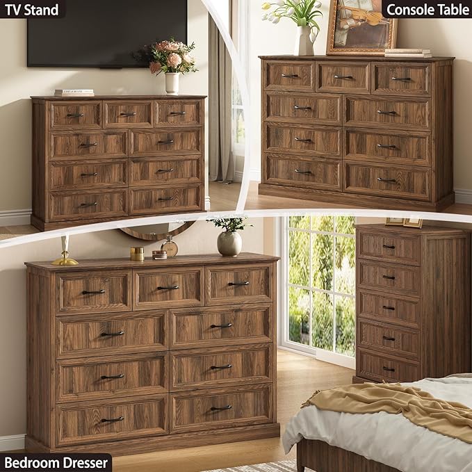 Farmhouse 9 Drawer Dresser for Bedroom, 55 Inch Wide Modern Walnut Dresser TV Stand with Large Drawers & Bar Handles, Rustic Wood Chest of Drawers for Bedroom, Living Room, Hallway, Entryway.