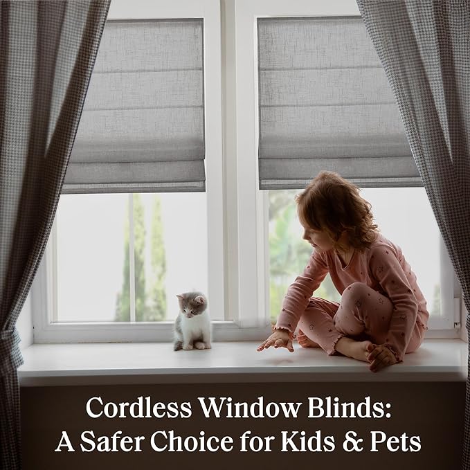 Madison Park Kyler Cordless Roman Shades - Single Panel, Lightweight Linen Blend Fabric, Natural Design, Easy Installation, Light Filtering Window Blind, Bedroom, Living Room Decor 34" W x 64" H Grey