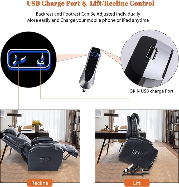 S*MAX Lift Chairs Recliners for Elderly Power Recliner Chairs Full Air Leather Electric Recliner Chairs Side Pockets USB Charge Port and Remote Control Power Lift Recliners Black