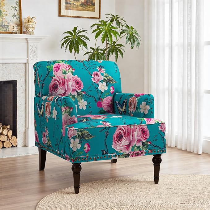 Pia Ricco Floral Accent Chairs 2 Pack - Modern Nailhead Trim Armchairs with Wood Legs, Upholstered Reading Chairs for Living Room Bedroom