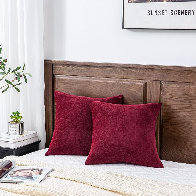 GAWAMAY Decorative Chenille Throw Pillow Covers 24x24 Inch Pack of 2, Soft Square Couch Pillow Cover for Sofa Cushion Living Room Bedroom Pillowcases Burgundy Red 60x60cm (ONLY Covers)