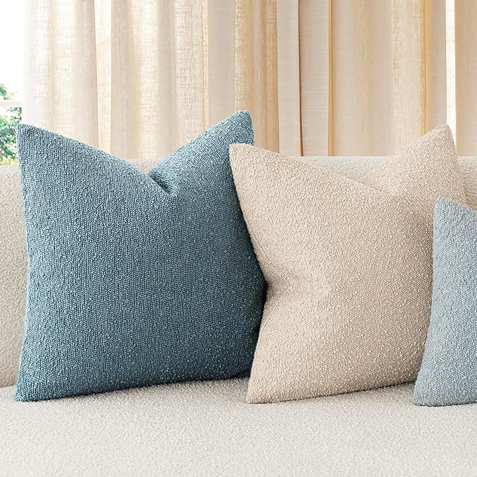 Foindtower Set of 2, Decorative Textured Boucle Throw Pillow Covers Accent Solid Pillow Cases Neutral Cozy Couch Cushion Case for Chair Sofa Bedroom Living Room Home Decor 26x26 Inch Misty Blue