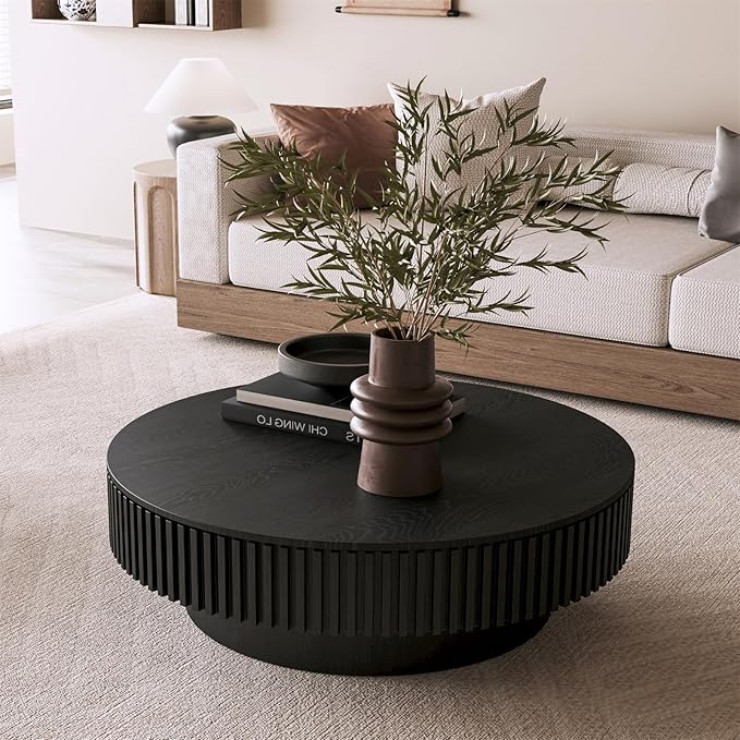39.37'' Round Coffee Table for Living Room, Fluted Coffee Table with Hidden Storage, Solid Wood Veneered Circle Table, Modern Tea Table for Small Space Apartment (Black)