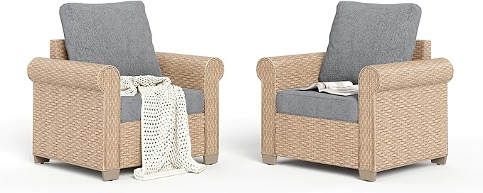 Patio Furniture Set 2 pcs, Wicker Rattan Outdoor Sofa Furniture with 5.5” Thick Cushions, 2 Chairs Outdoor Conversation Set for Garden Backyard Deck, Grey