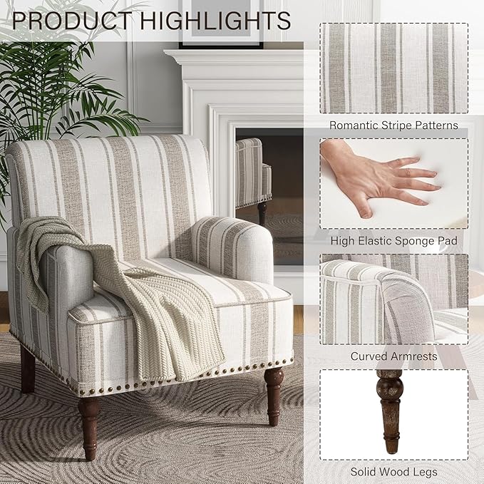 UIXE Stripe Accent Chair, Modern Upholstered Armchair in Fabric for Living Room, Nailhead Trim Club Arm Chair Comfy Single Sofa Bedroom Reading Seat with Wood Legs - Brown