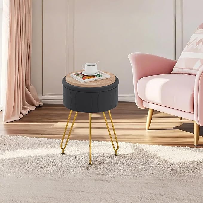 VECELO Vanity Stool with Storage, Velvet Chair for Vanity, Strong Metal Legs, Anti-Slip Feet, Padded Seat for Make Up, Bedroom, Living Room, Entryway, Black