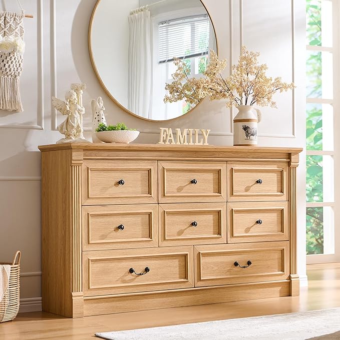 8 Drawers Dresser for Bedroom, Farmhouse 61" Wide Dressers & Chests of Drawers w/Roman Column, Large Storage Dressers Organizer w/Two Different Drawer Sizes for Bedroom,Living Room,Natrual