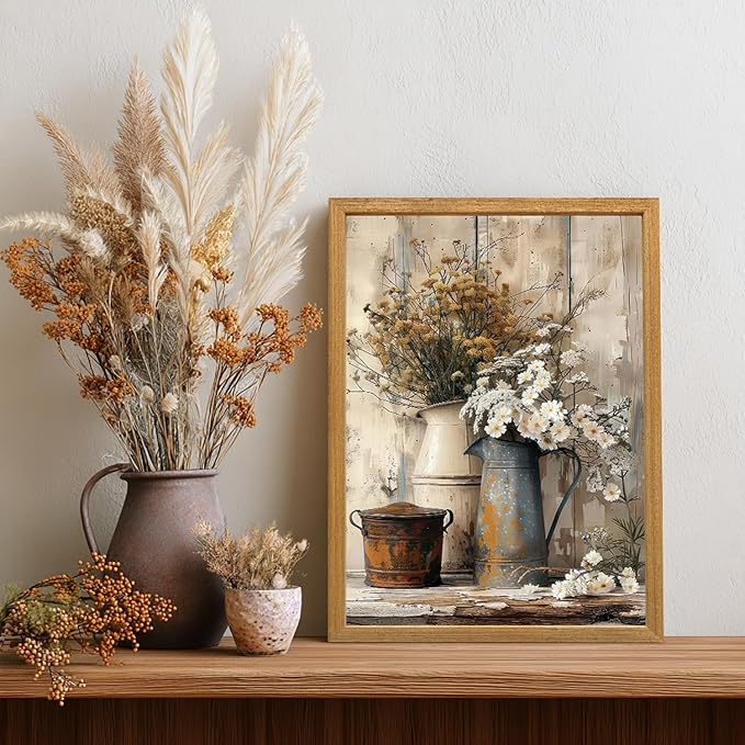 HLXRAE Rustic Farmhouse Bathroom Wall Art, Vintage Country Floral Still Life Wall Decor, White Daisy Canvas Painting, Shabby Chic Flower Poster Print for Bedroom Kitchen Wood Framed 12x16 inch