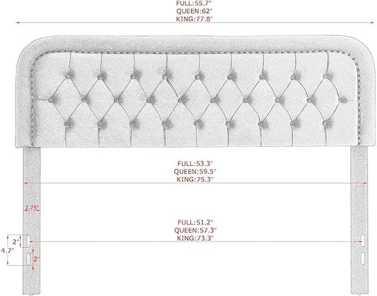 Tufted Upholstered Headboard,Button Solid Wood HeadBoards with Adjustable Height,Modern Performance Velvet Bed Head Boards,Easy Install&Nailhead (Beige, Queen)
