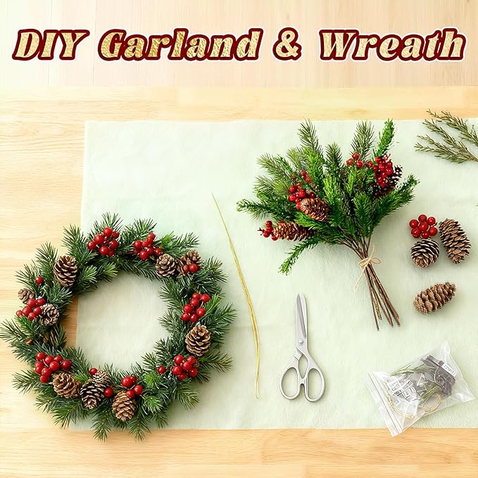 2PCS Artificial Pine Branches with Red Berry Pine Cones Artificial Needles Branches Greenery Stems Fake Greenery Floral Arrangements