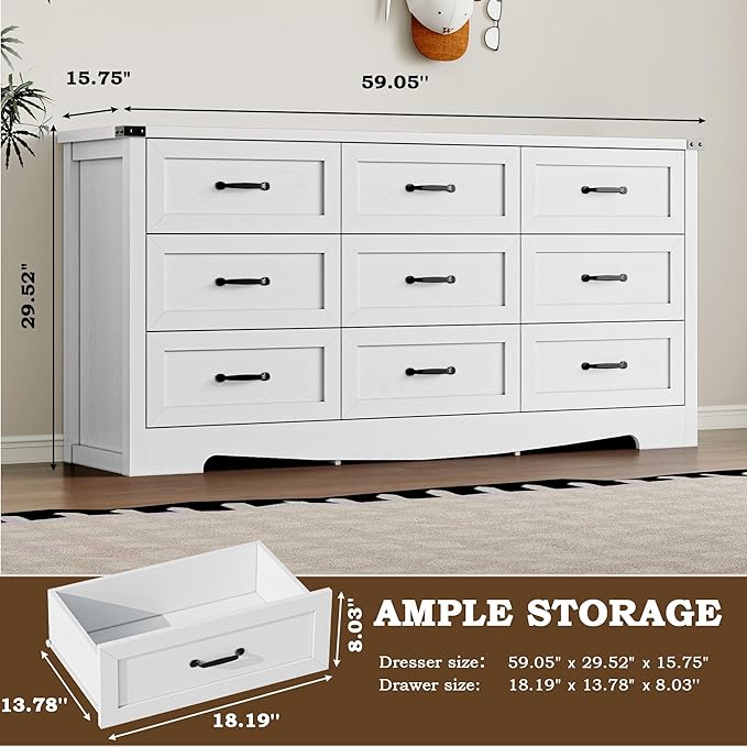 9-Drawer Dresser for Bedroom, Modern Wooden Chest of Drawers with Metal Handles, Anti-Tipping Design, Sturdy and Stable Storage Organizer for Living Room, Entryway, Home Office