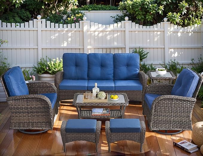 HUMMUH 7-Piece Outdoor Patio Furniture All-Weather PE Wicker Outdoor Conversation Set-Patio Couch Swivel Rocker Chairs with Ottomans Tables for Backyard,Poolside,Deck