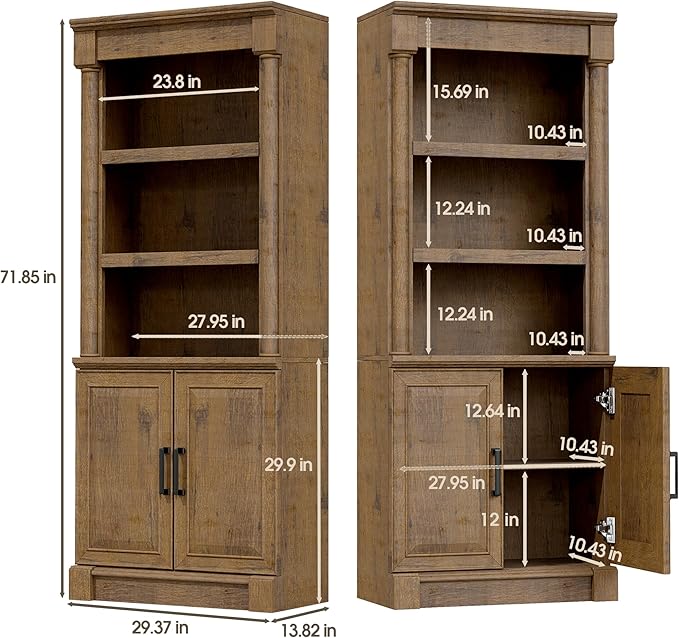 72" Roman Column Bookcase with Double Door Cabinet, 5 Tiers Tall Bookshelf Shelves Storage Anti Tip Kit, Classic American European Modern Multi Style Design for Living Room Study Office, Vintage Oak