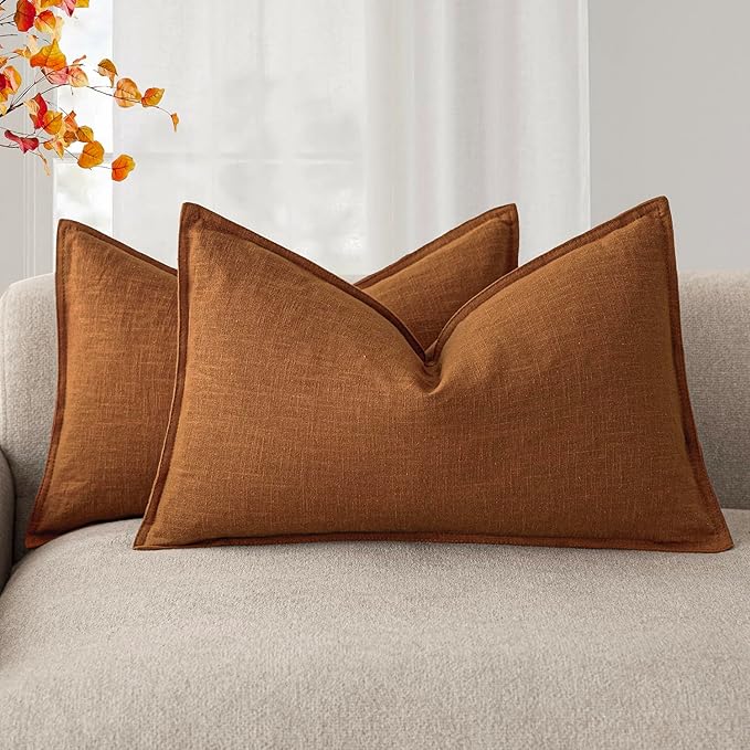 Foindtower Pack of 2, Decorative Linen Soild Throw Pillow Covers Soft Accent Lumbar Cushion Case Farmhouse Pillowcase for Chair Couch Sofa Bedroom Living Room Home Decor 12 x 20 Inch Autumn Orange