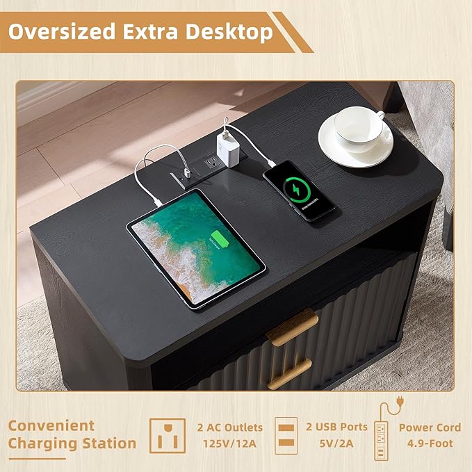 LEYAOYAO 31" Wide Fluted Nightstand with Charging Station, Oversized Extra Large 2 Drawers Night Stand,Black Wood Bedside Table,Tall Bed Side End Tables,Modern Chest of Drawers Dressers for Bedroom