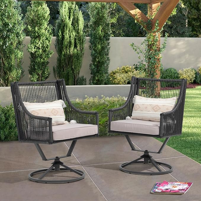 JOIVI Outdoor Swivel Patio Chair Set of 2, Rattan Dining Chairs with Armrest and Cushions, Outdoor Swivel Chair with Iron Frame for Garden, Lawn, Porch, Balcony