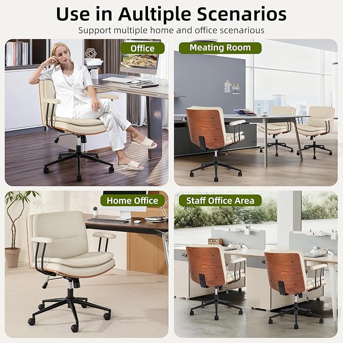 Criss Cross Chair with Armrests & Wheels, PU Leather Adjustable Swivel Walnut Task Chair with Wide Seat, Ergonomic Mid Back Computer Office Desk Chairs for Meeting Room, Home