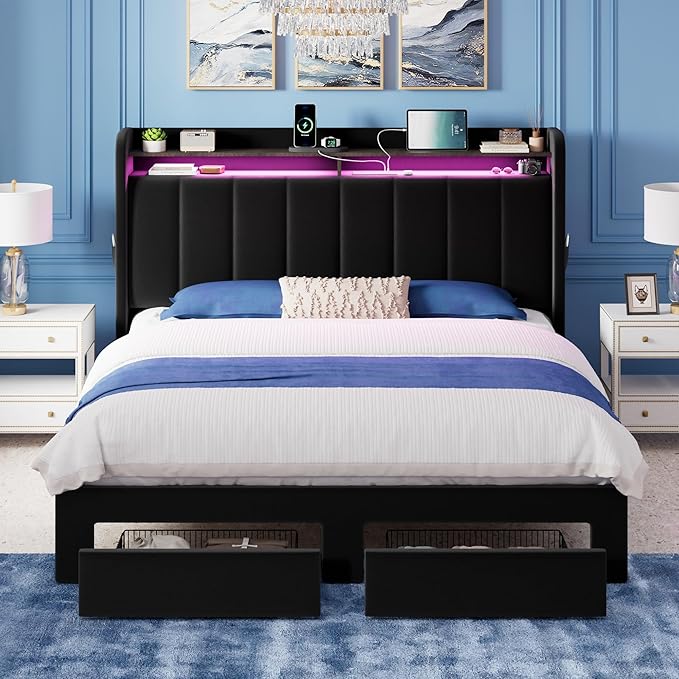 Allewie Velvet Vertical Tufted Queen Upholstered Platform Bed Frame with 2-Tier LED Storage Headboard & 2 Storage Drawers, USB & Type-C Charging Ports, Noise-Free/No Box Spring Needed, Black