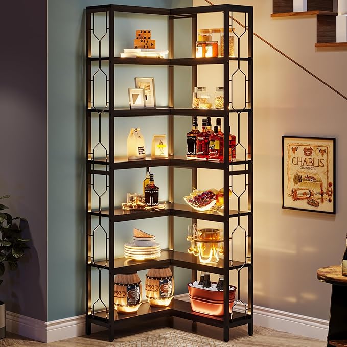 Tribesigns Corner Shelf, 7-Tier Industrial Corner Bookshelf, Wood and Metal Corner Etagere Bookcase, Freestanding Display Shelf for Living Room, Kitchen, Home Office, Black