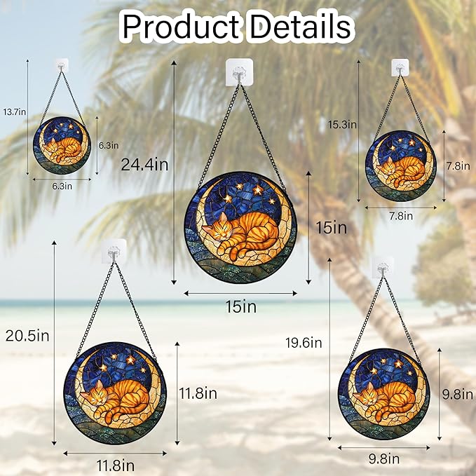 Stained Glass Window Hanging - Orange Moon Sleeping Cat Sun Catcher for Door Home Decor Blue Starry Sky Suncatcher Christmas Mother's Day Birthday Gifts for Women Men Mom Nana 6.3 in