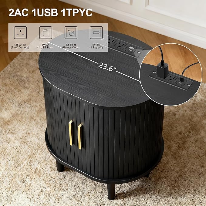 Nightstands Set of 2 & Charging Station, Fluted Accent Side Table with Sliding Door & Adjustable Shelf, Mid-Century Modern End Table for Small Space, Living Room, Bedroom (2, Black)