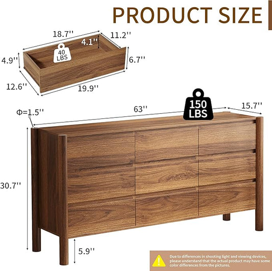 CHUWELL Dresser for Bedroom, 63" Wide Mid Century Modern Chest of Drawers with 9 Large Storage Space and 4 Solid Wood Cylindrical Legs, 9 Drawer Large Dresser for Bedroom(Walnut)