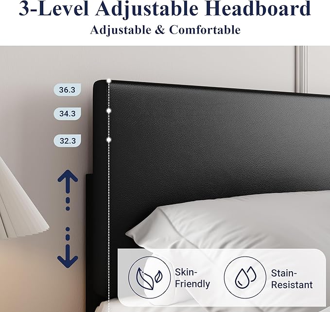 Allewie Full Size Bed Frame with Adjustable Headboard, Faux Leather Platform Bed with Wood Slats, Heavy Duty Mattress Foundation, No Box Spring Needed, Noise-Free, Easy Assembly, Black