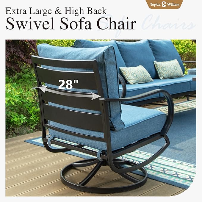 Sophia & William 2 Pieces Patio Furniture Sets Metal Sofa Chairs Patio Cushion Armchairs Swivel Sofa Chairs with Removable Cover for Garden Backyard Poolside Navy