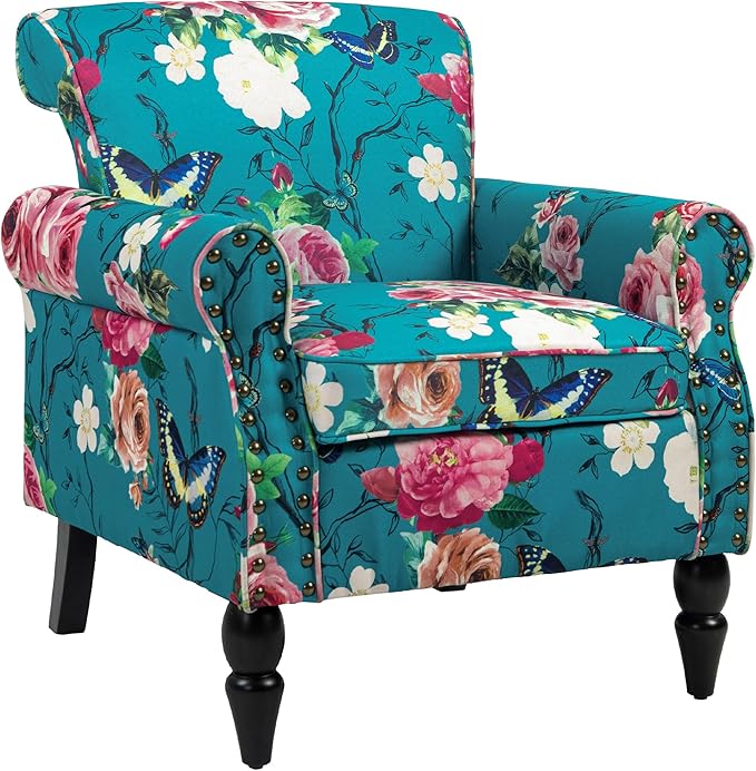 Accent Chair, Upholstered High Back Floral Armchair with Nailhead Trim & Wood Legs, Comfy Wingback Reading Single Sofa Chair for Small Spaces, Living Room, Bedroom (Blue Floral, Set of 2)