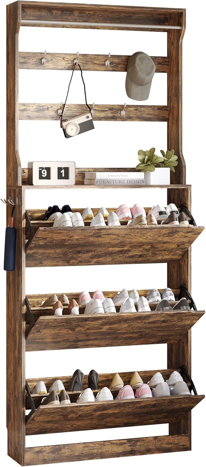 Tall Shoe Cabinet with Coat Rack, Hidden Shoe Storage Cabinet with Doors & Drawer, Hanging Bar & Hooks, Slim Narrow Freestanding Shoe Rack Organizer for Entryway, Hallway & Living Room, Brown