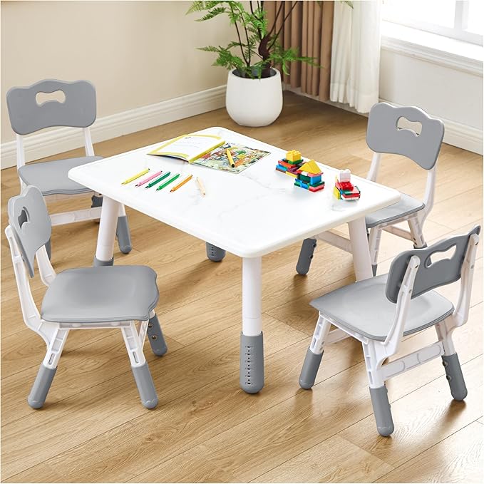 Adjustable Kids Table Chairs Set – Graffiti Desktop, Multi-Activity Height-Adjustable Toddler Study Desk for Ages 3-8 – Ideal for Home, Classroom, Daycare (B-Gray, 4 Chairs-31.5" L x 23.6" W)