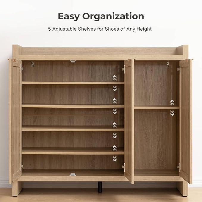 SICOTAS Shoe Storage Cabinet Set of 2, Large Tall Shoe Cabinet, Rattan Shoe Cabinet Storage for Entryway, Farmhouse Cabinet with Doors and Adjustable Shelves for Entryway Hallway, Light Oak
