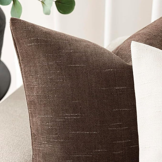 Foindtower Set of 2 Soft Textured Chenille Throw Decorative Pillow Covers Square Accent Solid Cushion Cover Cozy Neutral Farmhouse Pillow Case for Couch Sofa Bedroom Living Room 26x26 Inch, Chocolate