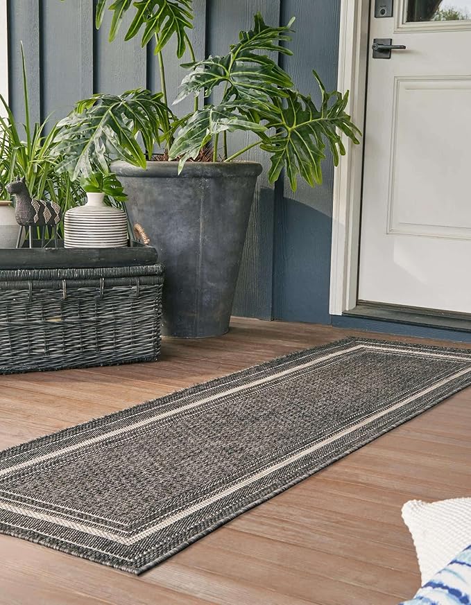 Unique Loom Outdoor Border Collection Area Rug - Soft Border (2' x 8' Runner, Black/ Ivory)