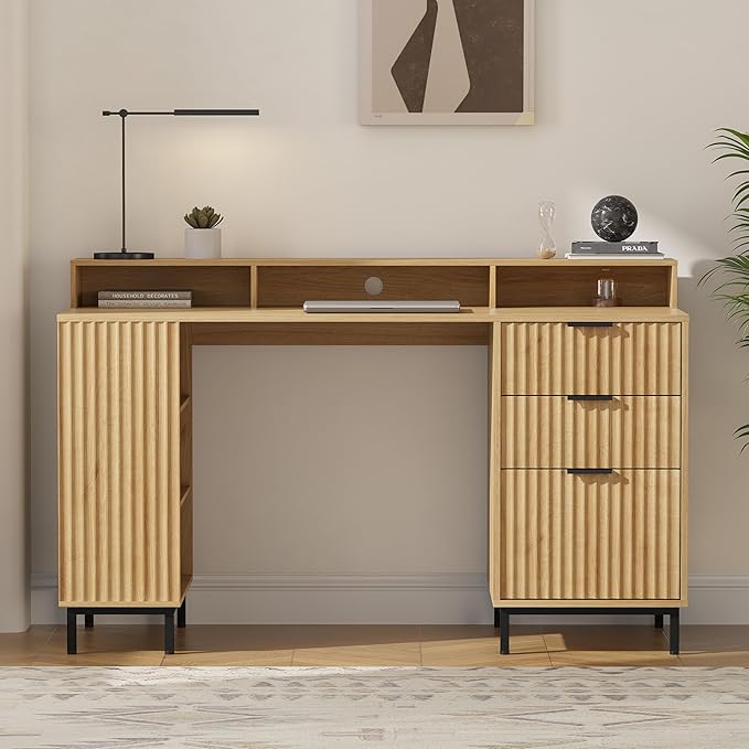 55'' Fluted Executive Desk with Drawers, Modern Home Office Computer Desk with Charging Station, File Drawer, Monitor Stand, Storage Shelf for Work Writing Study, Natural Oak