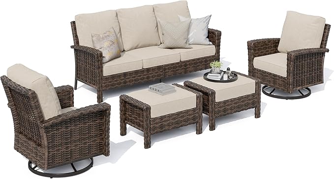HERA'S HOUSE Patio Furniture Set with Swivel Chairs, High Back Outdoor Wicker Furniture with 5.5" Thick Cushions, Outside Conversation Sofa Sets for Backyard Deck Lawn, Beige