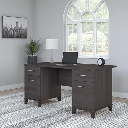 Bush Furniture 60-inch Home Office Desk with Drawers, Large Computer Table with Storage, Transitional Style, Somerset Collection, Storm Gray