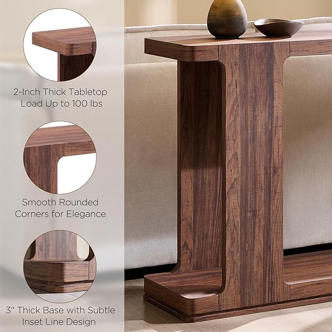 OKD 63 Inch Modern Entryway Console Table, 2-Tier Long Sofa Table Behind Couch with Curved Edge, Wood Farmhouse Narrow Entry Table for Hallway, Living Room, Foyer, Entrance, Rustic Walnut