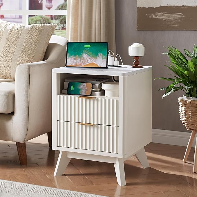 T4TREAM Fluted Nightstand Set of 2 with Charging Station, 18" Modern SideTable with Faux Marble Top, 2 Drawer End Table w/Storage, Bedside Table for Bedroom, Living Room, Curved Profile, Solid White