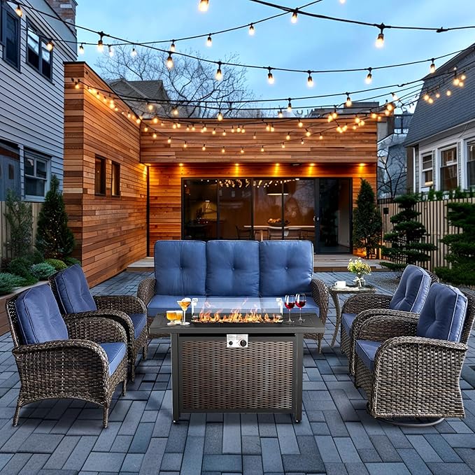 HUMMUH 7 Piece Patio Furniture Set with Fire Pit Table,Wicker Patio Swivel Rocker Outdoor Chairs 3-Seat Sofa for Porch,Poolside,Deck