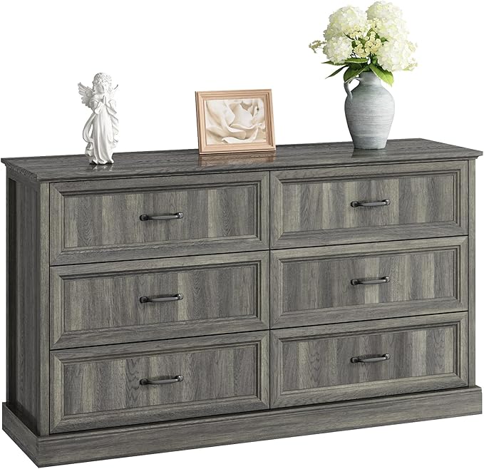 Farmhouse 6 Drawer Dresser for Bedroom, 55 Inch Wide Modern Grey Dresser TV Stand with Large Drawers & Bar Handles, Rustic Wood Chest of Drawers for Bedroom, Living Room