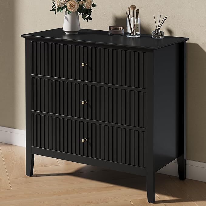 RoyalCraft Black Fluted 3 Drawer Dresser, 32 inch Wide Dresser Nightstand for Bedroom, Modern Wood Chest of Drawers, Large Painted Nightstand with 3 Drawers for Closet, Hallway, Entryway