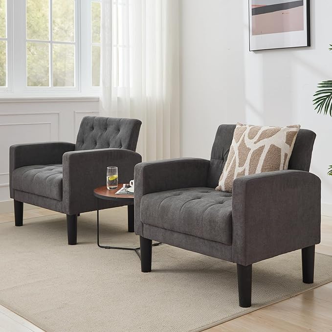 TYBOATLE Accent Chairs Set of 2, Mid Century Modern Upholstered Tufted Living Room Chair for Bedroom, Armchair for Waiting Room, Reading Chair for Office, Grey