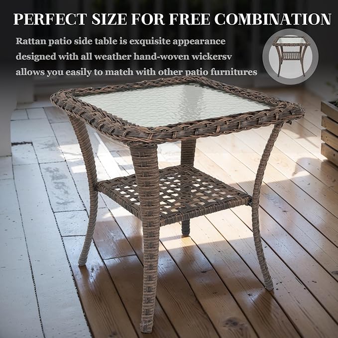 HUMMUH 3 Pieces Patio Furniture Set Outdoor Wicker Bistro Rattan Chairs with Glass Top Side Table and Thickened Cushions for Porch Deck Backyard Poolside