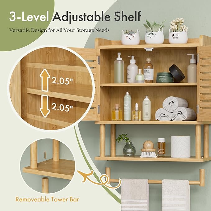 AmazerBath Bathroom Wall Cabinets, Large Bamboo Medicine Cabinets with Towel Bar, Hanging Over Toilet Storage Organizer Cabinet with Adjustable Shelves for Small Spaces, 8.3x21.3x26.6 Inches