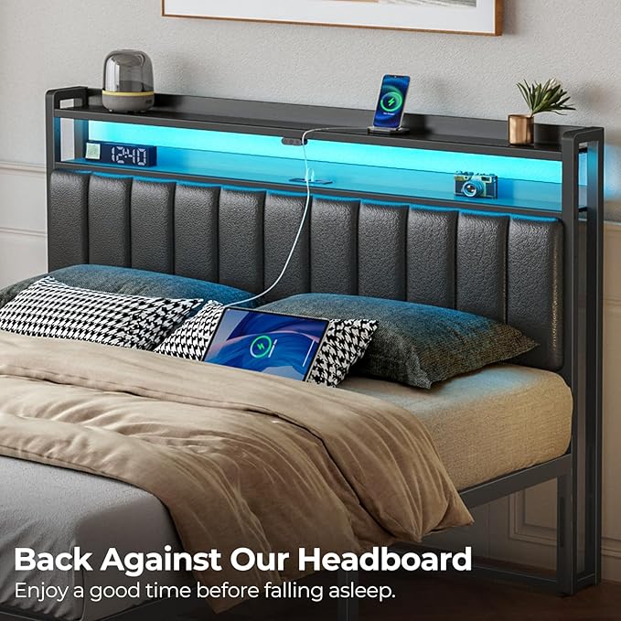Rolanstar Headboard for Full Size Bed with Storage, 60,000 DIY Color of LED Light, Head Board with USB & Type C Port, Height Adjustable, Black Upholstered Cabeceras de Cama Comfortable Modern, Leather