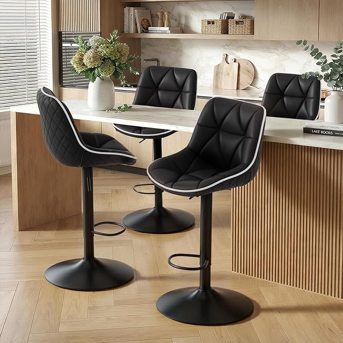 Nalupatio Bar Stools Set of 4, Adjustable Swivel Counter Height Bar Stools with Back, Armless Modern Barstools for Kitchen Island & Home Bar, Upholstered Seat,(Black)