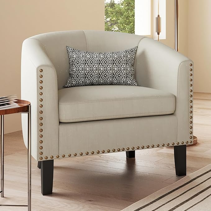 BELLEZE Accent Barrel Chair, Modern Tub Club Chair Upholstered Armchair with Gold Nail Head Trim and Black Legs for Living Room Bedroom Apartment Lounge - Beige/Linen