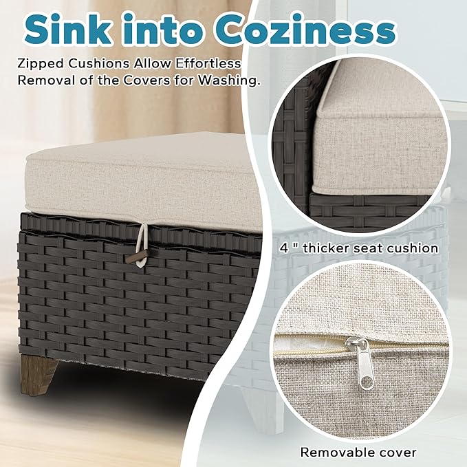 2 Pieces Patio Outdoor Ottomans with Removable and Washable Covers,PE Rattan Wicker Footstools for Porch, Garden, Sunroom (Beige)