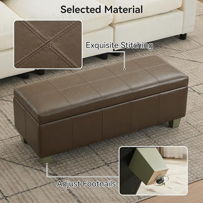 41" Faux Leather Storage Ottoman, Stitch Tufted Rectangle Upholstered End of Bed Storage Bench, Entryway Large Couch Ottoman with Wooden Legs, Coffee